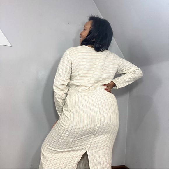 Vintage FLAX by Jeanne Englehart 70s cream striped linen long sleeve maxi dress - Picture 13 of 15